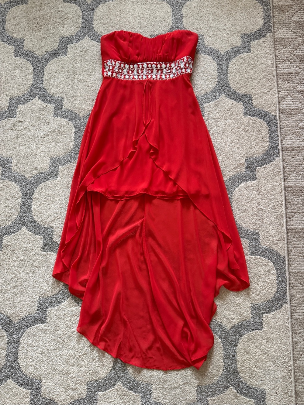 Deb Red Beaded Pleated Chiffon Sweetheart Strapless High-Low Dress Size 11/12